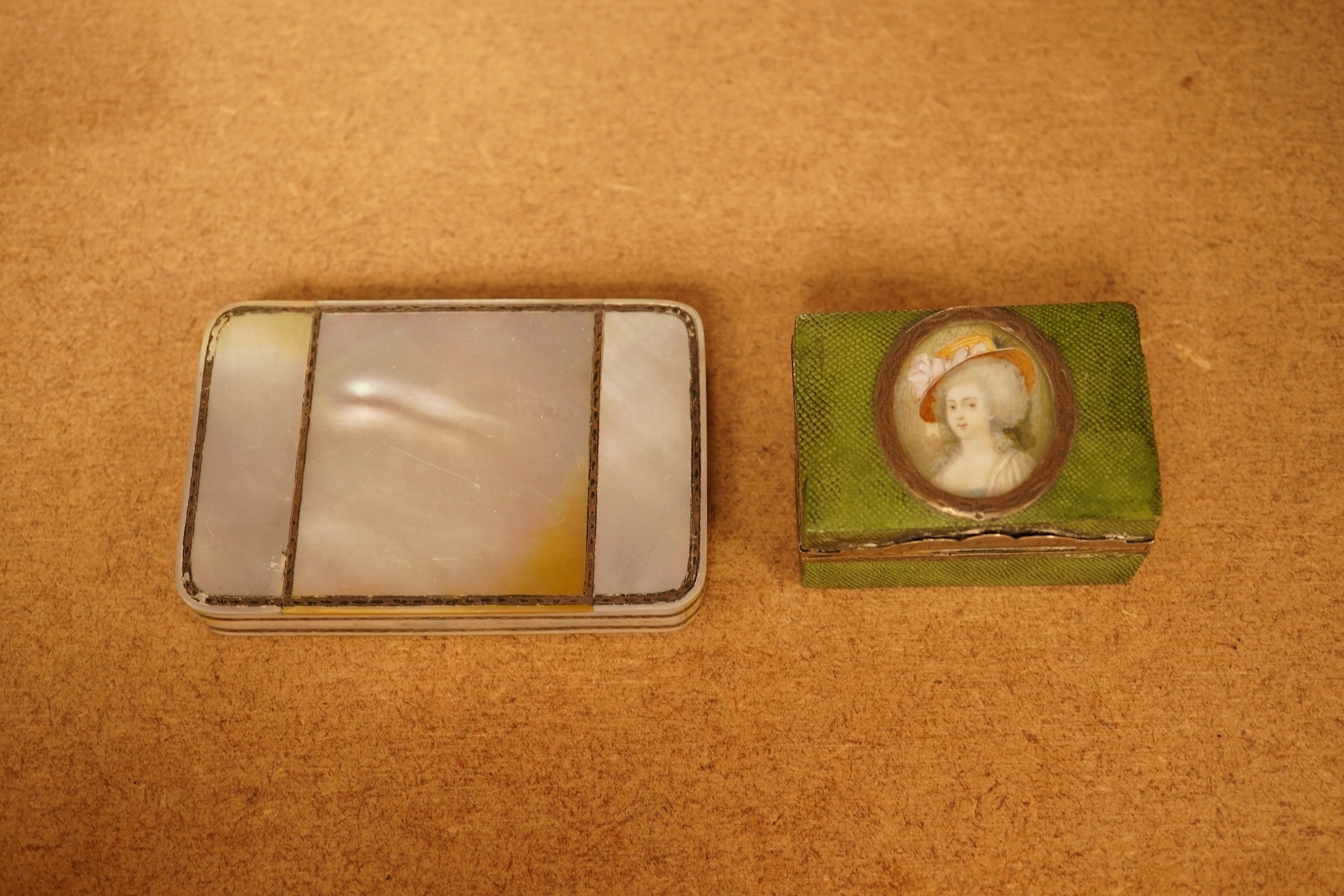 A French silver and shagreen perfume box, portrait miniature on ivory and an early 19th century mother of pearl box (2), shagreen box 5.5cm wide x 4cm deep x 3cm high Ivory Submission reference 96LR94PU